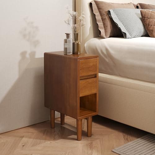 Narrow Nightstand 2 Drawers with Open Shelf Narrow Night Stand Solid Wood Bedside Table Mid Century Modern Nightstand Wooden End Table for Bedroom, Living Room, Study, Office