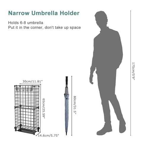 AWTATOS Umbrella Holder Entryway, Umbrella Stand Freestanding, Metal Square Umbrella Rack Organizer with a Removable Drip Tray, Hooks, Black 8