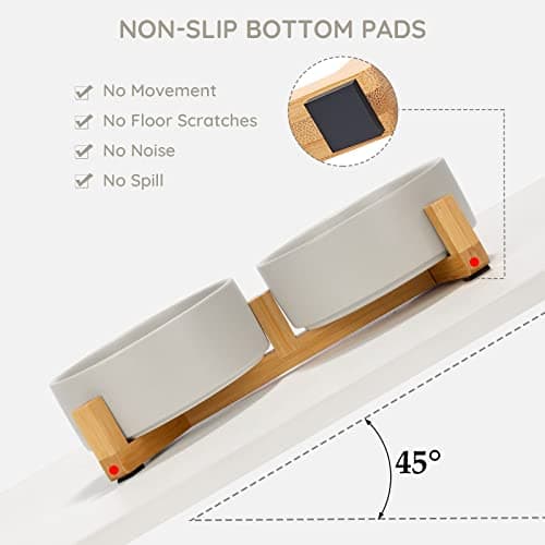 SPUNKYJUNKY Ceramic Dog and Cat Bowl with Wood Stand Non-Slip Matte Glaze Weighted Food Water Set for Cats &Small Dogs 13.5OZ 6