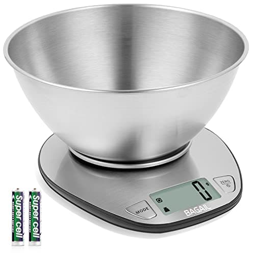 BAGAIL BASICS Digital Kitchen Scale, Large Clear Display, Wet and Dry Food Scale with Stainless Steel Mixing Bowl - 11 lb