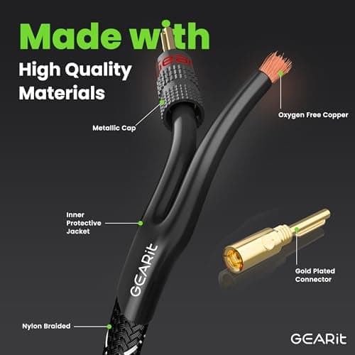 GearIT 12AWG Speaker Cable Wire with Gold-Plated Banana Tip Plugs (15 Feet) In-Wall CL2 Rated, Heavy Duty Braided, 99.9% Oxygen-Free Copper (OFC) - Black, 15ft 2