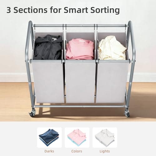 STORAGE MANIAC 3 Section Laundry Sorter, 35.6 Gal (135 L) Laundry Hamper Cart with Heavy Duty Rolling Lockable Wheels and Removable Bags, Clothes Organizer Basket Clothes Separator Hamper, Gray 3