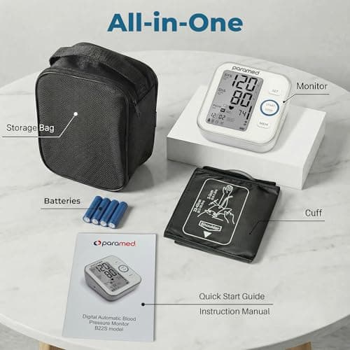 Paramed Blood Pressure Monitor - Bp Machine - Automatic Upper Arm Blood Pressure Cuff 8.7-16.5 inches - Large LCD Display 120 Sets Memory - Device Bag & Batteries Included 7