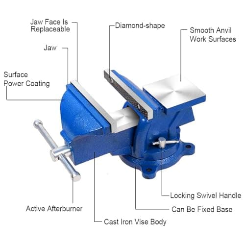 Bench Vise Heavy Duty 6-Inch, 360° Swivel Base with Anvil Clamp Cast Steel,Table Clamp Woodworking Vice,Multipurpose Workbenchw for Drilling, Pipe Cutting,Woodworking-Blue 5