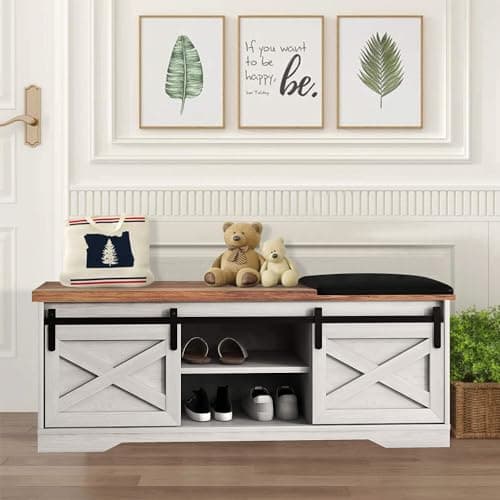 SAINTCY Modern White Entryway Bench with Hidden Shoe Storage Compartment, Farmhouse Bench with Cushion