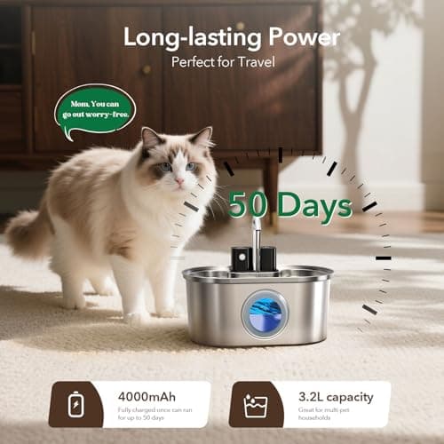 Cat Water Fountain Stainless Steel 108oz/3.2L:Battery Operated Wireless Cat Fountains for Drinking Indoor, Automatic Pet Water Dispenser with Ultra Quiet Pump,Multi-Filtration,Easy Clean BPA-Free 8