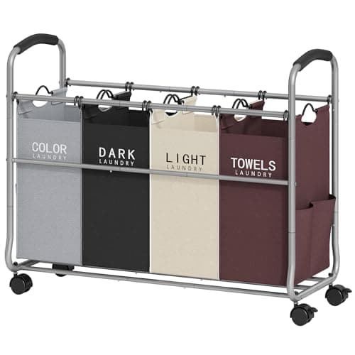 Tajsoon Laundry Sorter 4 Sections, Laundry Separator Hamper with Heavy Duty Lockable Rolling Wheels, Laundry Divider with Removable Bags for Dirty Clothes Storage, 4 Colors