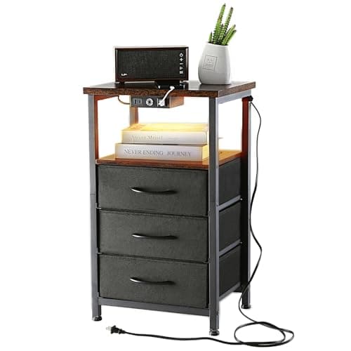 SUNMORY Nightstand with Charging Station and Dimmable LED Lights, 25.6 Inch Tall Side Table with 3 Fabric Drawers, Night Stand with USB Ports & Outlets, Small End Table, Bedside Tables for Bedroom