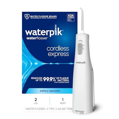 Waterpik Cordless Express Water Flosser, Battery Operated & Portable for Travel & Home, ADA Accepted, Waterproof for Shower Use, White WF-02, Packaging May Vary