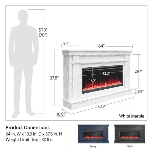 Novogratz Waverly 64 Inch Electric Fireplace with Mantel, Replaceable Fireplace Insert Heater, Remote Control, Timer, Color Changing Crystal Ember Flames, For Living Room or Bedroom, White Marble 7
