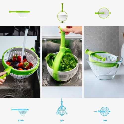 Dreamfarm Spina 2-In-1 Easy-To-Use, Collapsible Salad Spinner & Straining Colander for Salad, Fruit, Vegetable, Lettuce - White/Green 5