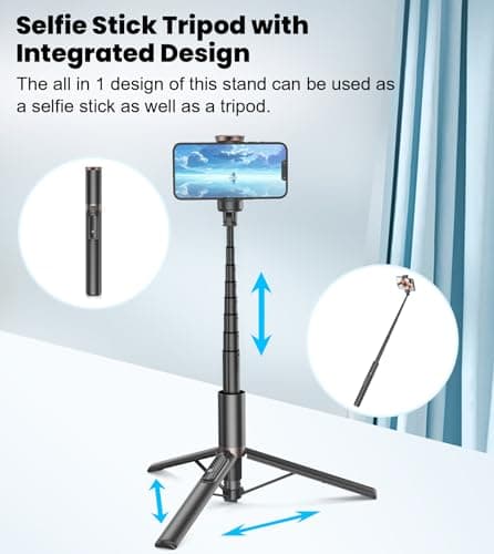 TONEOF 60" Selfie Stick Tripod for Video,All-in-1 Extendable Cell Phone Stand with Integrated Remote,360° Rotate Lightweight & Portable Tripod for 4-7” iPhone/Android/Photo & Video Kits/Travel 5
