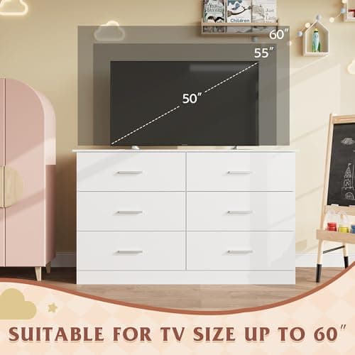 WLIVE White Dresser with 6 Drawers, Wide Wooden Chest of Drawers for Bedroom, Large White Storage Tower Unit, Modern Minimalist Closet Store Organizer for Living Room, Hallway 6