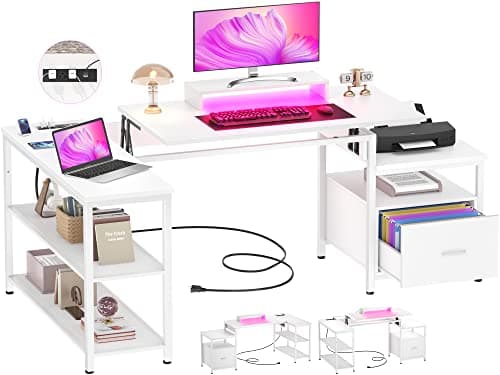 Aheaplus L Shaped Desk with Power Outlet, Standing Home Office Desk with Lift Top and File Drawer, 63'' Corner Computer Desk with Monitor Stand&Printer Shelves, Gaming Desk with Led Lights, White