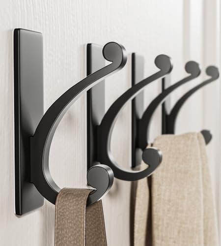 jockcaras Adhesive Wall Hook for Towel/Coat - Extra Sticky 10LB Stainless, Stick on Hanger for Bath or Shower, Matt Black 4-Pack