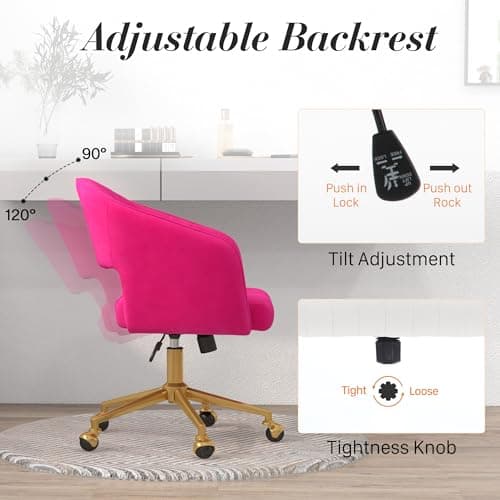 HENGJIANYI Home Office Swivel Desk Chair, Modern Velvet Vanity Chair, Height Adjustable Armchair with Gold Base, Ergonomic Office Chair for Task Study Computer Room, Hot Pink 6