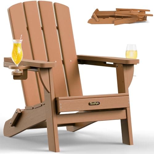 SUUNYN Folding Adirondack Chair, HDPE All-Weather Fire Pit Chairs, Plastic Adirondack Chairs with 2 Cup Holder, Outdoor Lawn Chair for Patio Garden (Teak)