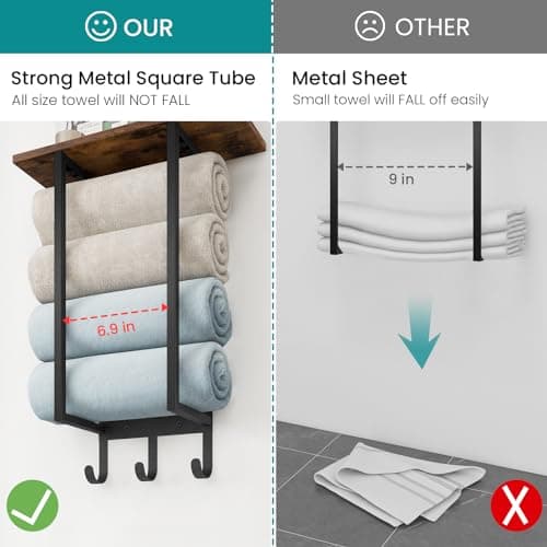 ELITEROO Towel Racks for Bathroom Wall Mounted, Towel Holder with Wooden Shelf and 3 Hooks for Washcloths Hand Towel, Bath Towel Storage Organizer for Small Bathroom, RV, Rustic Brown 8