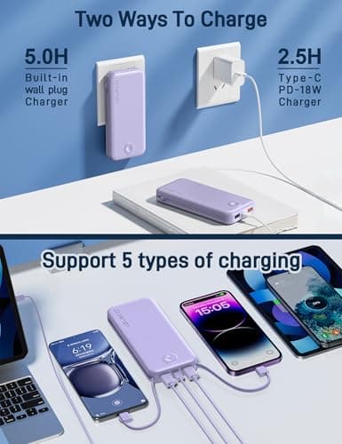 Nusyddy Portable Charger, 12000mAh 22.5W Fast Charging Power Bank with Built-in Cables & Wall Plug, Travel Essential External Battery Pack, USB C Battery Phone Charger for iPhone, iPad, Samsung Purple 6