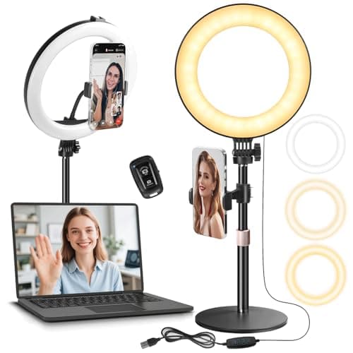 MACTREM 10“ Desk Ring Light with Stand, Desktop LED Circle Halo Light with Phone Holder for Computer Zoom Meeting, Laptop Light for Conference Video Calls, Live Streaming, Podcast, Selfie, Makeup