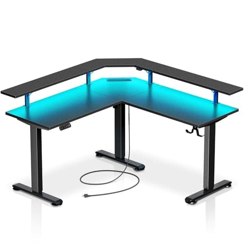 Rolanstar Standing Desk L Shaped with LED Light and Power Outlet, Electric Height Adjustable Desk with Monitor Stand, Carbon Fiber