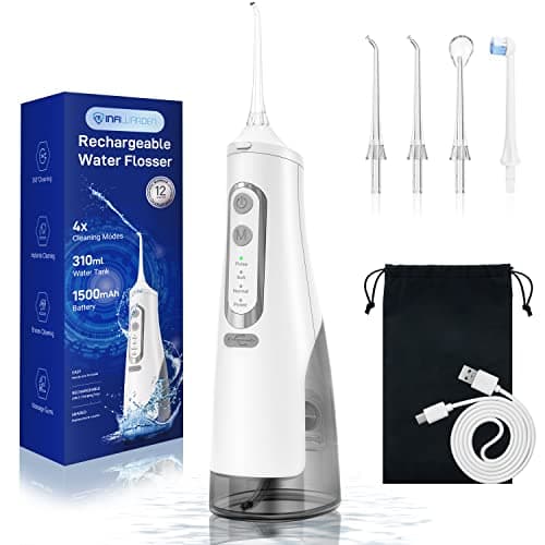 Cordless Water Flosser Teeth Cleaner Dental Oral Irrigator Picks Portable and Rechargeable 310ml Water Tank IPX7 Water Proof for Home and Travel Infiwarden (White)