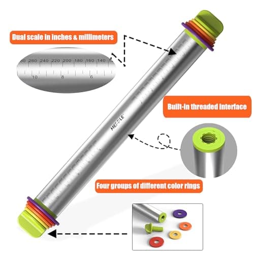Mepple Stainless Steel Rolling Pin with Thickness Rings for Fondant, Pizza, Cookie, Pastry, Pie,Roller Rod for Dough Thickness,Rolling Pin for Baking, 13.6" with 4 Thickness Rings and Wooden Stand 6