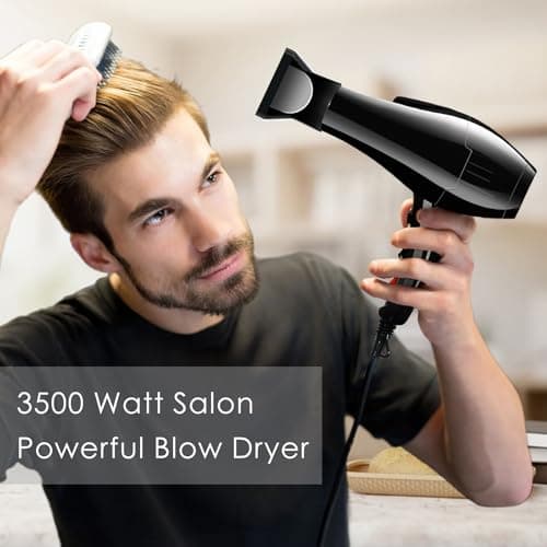 Hair Dryer, 3500 Watt Professional Salon Ionic Blow Dryer with AC Motor, 3 Heat Settings, 2 Speeds, Cool Shot Button, Tourmaline Ceramic, Concentrator & Diffuser Attachments, Black,110V 5