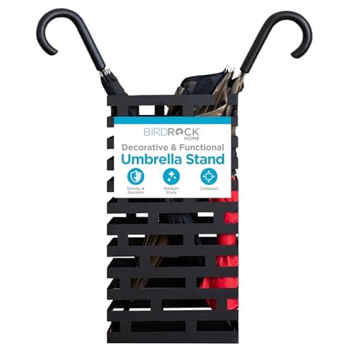 BIRDROCK HOME Decorative Umbrella Stand with Removable Water Tray - Large Freestanding Umbrella Rack and Cane Walking Stick Organizer - Metal Umbrella Holder for Entryway & Indoor Use - Black, Striped