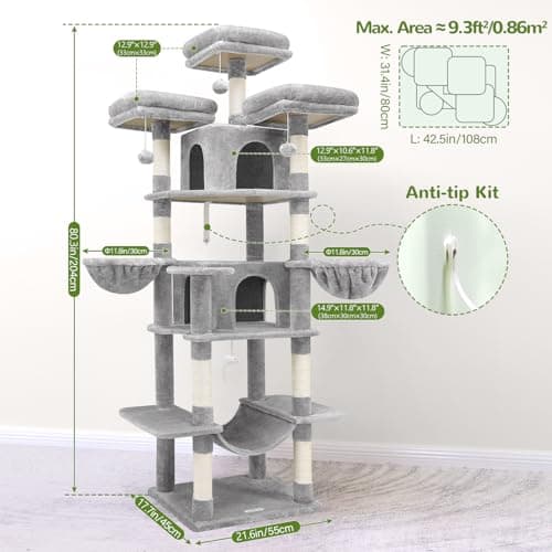 Globlazer Big Cat Tower for Indoor Cats, 80inch Cat Tower for Multiple Adult Cats XXL Cat Tree with Scratching Post, Hammock, 3 Perches, 2 Condos, 2 Hanging Basket, F80, Light Grey 6