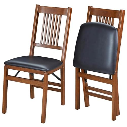 MECO Stakmore True Mission Solid Foldable Wood Dining Chairs with Black Vinyl Padded Cushioned Upholstered Seat for Indoor Use, Fruitwood (2 Pack)