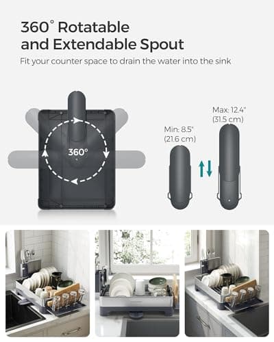 SONGMICS Large Dish Drying Rack, Premium Stainless Steel Dish Rack with Rotatable Spout, Fingerprint-Resistant Dish Drainers for Kitchen Counter, 12.5 x 22.5 in, Silver and Gray UKCS030E01 6