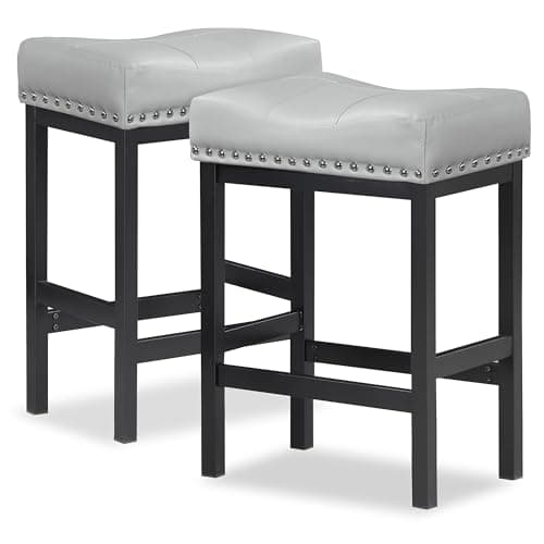 OUllUO Bar Stools Set of 2, 25 Inches Counter Height Bar Stools, Gray Faux Leather Saddle Seat Bar Stools with Nailhead, Black Metal Kitchen Barstools for Kitchen Counter, 918P-GB