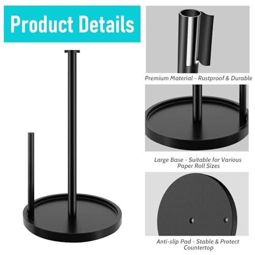 Paper Towel Holder Countertop, Standing Paper Roll Holder with Anti Slip Weighted Base, Stainless Steel Freestanding Paper Towel Holder for Kitchen, Black 6