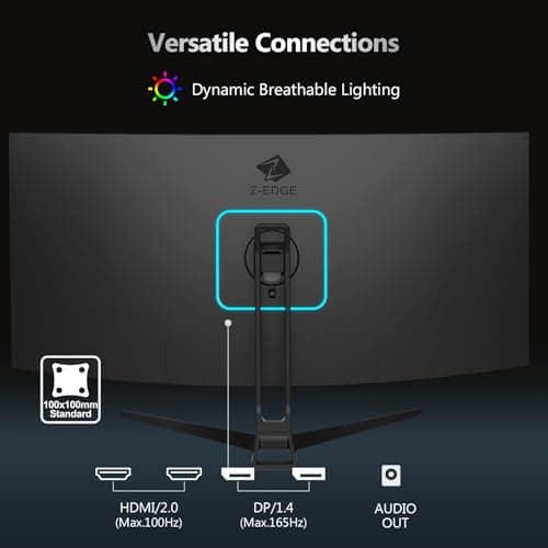 Z-Edge 34" Curved Gaming Monitor, WQHD 1440P 165Hz 144Hz PC Monitor, MPRT 1ms, 21:9 Aspect Ratio, 1500R, 16.7M Colors, 3000:1 Contrast, UG34 Frameless Bezel, 2X DP 1.4 Ports and 2X HDMI 2.0 Port 6