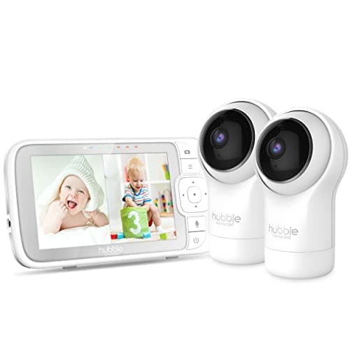 Hubble Connected Nursery View Pro Twin Local Baby Monitor with Large 5-inch Parent Unit Viewer, Split-Screen, Preloaded Soothing Sounds, White