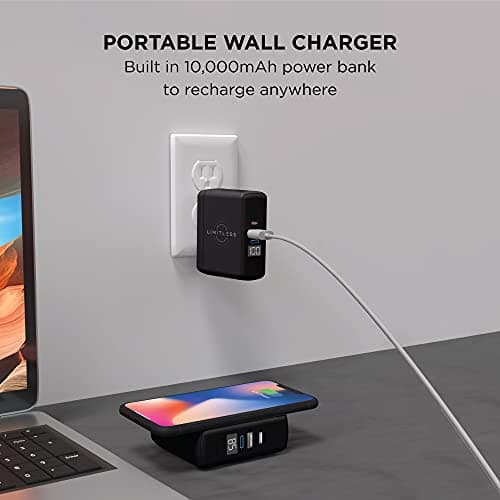 Limitless PowerPro Go 10,000mAh Power Bank 3-in-1 Wall Charger with Type-C Power Delivery, USB-A, & Qi Wireless Charging, Digital Display & Fast Charging for iPhone Android, Samsung (Black) 7