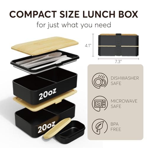 Umami Bento Box Adult All-In-1 w/4 Utensils, Big Sauce Jar, 2 Dividers, 100% Leakproof, Microwave & Dishwasher Safe Stackable Bento Lunch Box Containers for Men/Women, Black & Bamboo, 40 oz 5