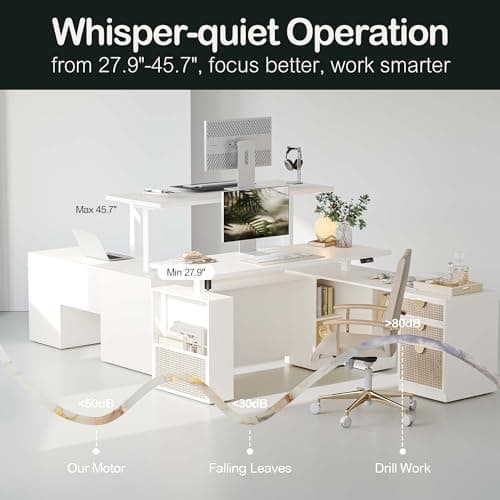 ModernMate 63" Standing Desk with File Cabinet, Privacy Panel, AC/USB, 1.18" Desktop, Executive L Shaped Height Adjustable Desk, Electric Stand Up Table with 3 Drawers, White Rattan 7