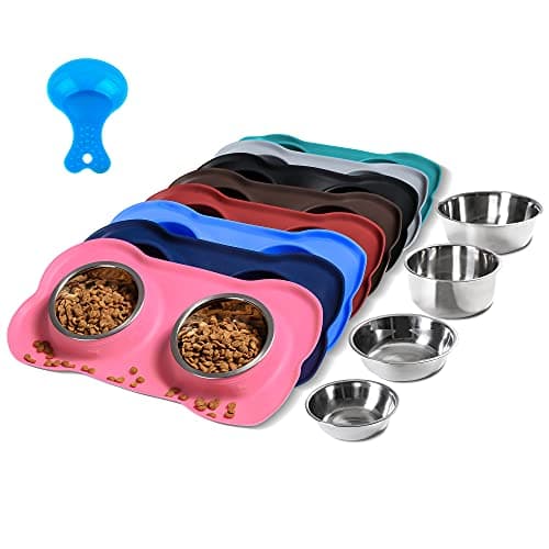 Hubulk Pet Dog Bowls 2 Stainless Steel Dog Bowl with No Spill Non-Skid Silicone Mat + Pet Food Scoop Water and Food Feeder Bowls for Feeding Small Medium Large Dogs Cats Puppies (S, Pink)