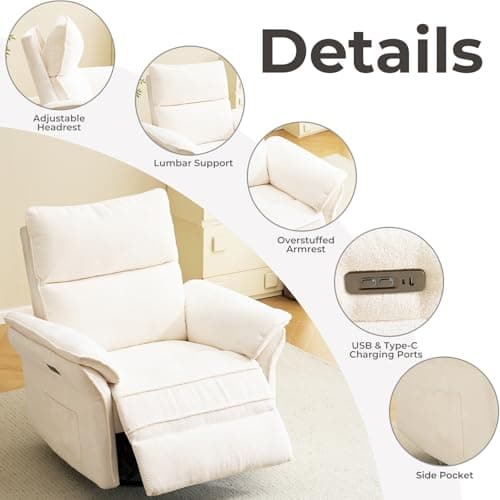 Rhevoy Oversized Power Recliner Chair Swivel Glider with Massage and Heat, Rocker Nursery Recliner for Adults with Adjustable Headrest, 26" Extra Wide Nursery Chair with Overstuffed Armrest,White 6