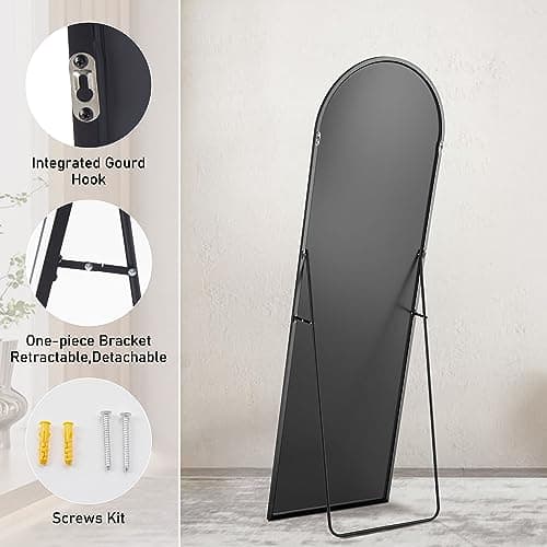 Sweetcrispy Arched Full Length Mirror 64"x21" Full Body Floor Mirror Standing Hanging or Leaning Wall, Large Arch Wall Mirror with Stand Aluminum Alloy Thin Frame for Bedroom Cloakroom, Black 7