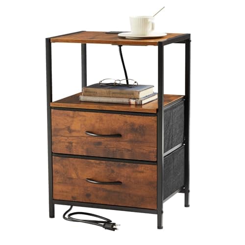 Nightstand with Charging Station Side End Table with USB Ports and Outlets Bedroom with Fabric Drawers with Open Shelf Modern Brown and Black