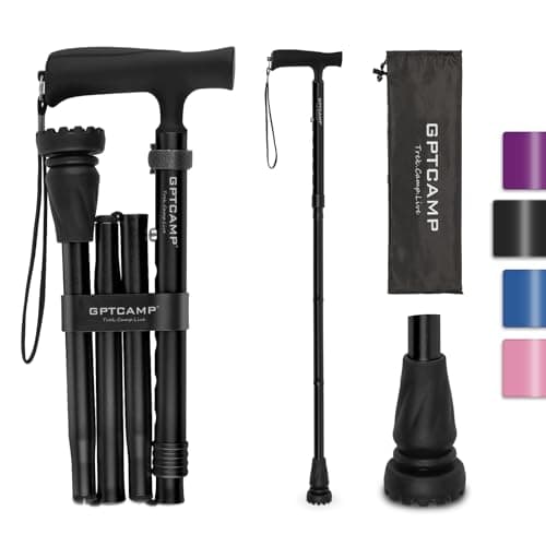 GPTCAMP G2 Walking Stick, Fold-up Walking Cane for Women and Men with Wrist Strap, Portable, Foldable, Collapsible, Lightweight and Sturdy with Comfortable T Handle
