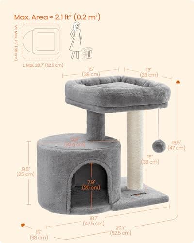 Feandrea Cat Tree, Small Cat Tower with Sisal Scratching Post, Plush Condo with Padded Perch, for Small Spaces, Kittens, Light Gray UPCT50W 5