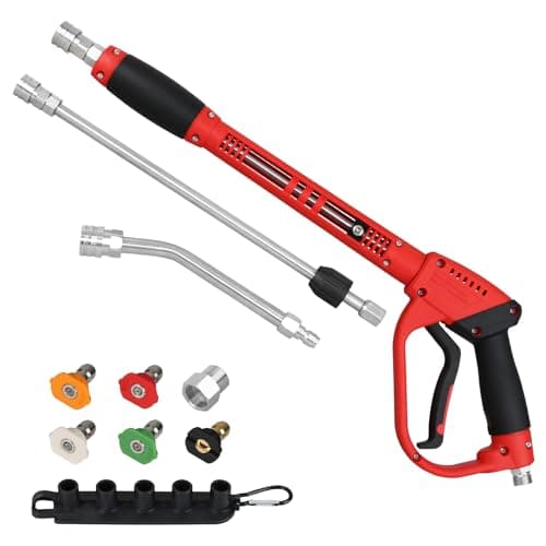 Durable Pressure Washer Gun with Replacement Wand, Power Washer Gun with 17 Inch 30 Degree Curved Extension Rod, 5 Spray Nozzle Tips, 47 Inch, 5000 PSI