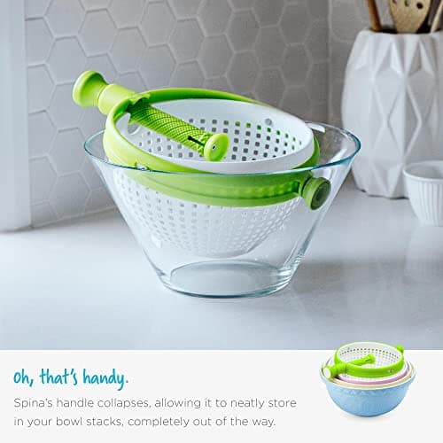 Dreamfarm Spina 2-In-1 Easy-To-Use, Collapsible Salad Spinner & Straining Colander for Salad, Fruit, Vegetable, Lettuce - White/Green 10
