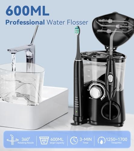 Water Flosser & Ultrasonic Electric Toothbrush Combo, 600ML Water Dental Flosser with 7 Jet Tips, 10 Adjustable Water Pressure, 5 Toothbrush Heads for Home Use, Gums, Braces (Black) 5