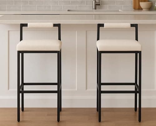 CIMOTA White Modern Bar Stools Set of 2 with Low Back, Linen Counter Height Stools Tall Barstools Upholstered Bar Chairs Counter Stool for Kitchen Island with Metal Leg for Kitchen/Pub, 30 Inch, Beige