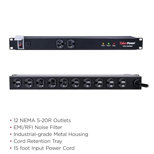 CyberPower CPS1220RMS Surge Protector, 120V/20A, 12 Outlets, 15ft Power Cord, 1U Rackmount 3